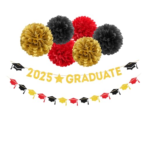 Image of Red Black-Gold Party-Decoration Graduation Banner - 8pcs Kits Cap Garland Streamers, Paper Tissue Pom Poms Flowers, 2025 Craduate Banner Congratulations Grad Decor Lasting Surprise