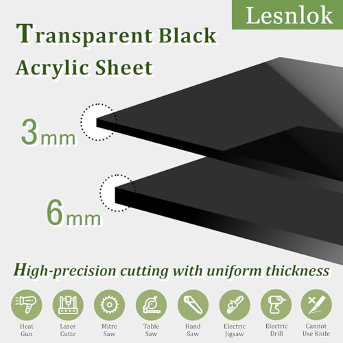 Image of Lesnlok 12 x 12 Black Transparent Acrylic Sheet 1 /4 inch Thick 6mm Cast Plexiglass Sheet for Sign,Craft,Painting,Laser Cutting 2 Pieces (2, 12 x 12 x 1 /4)