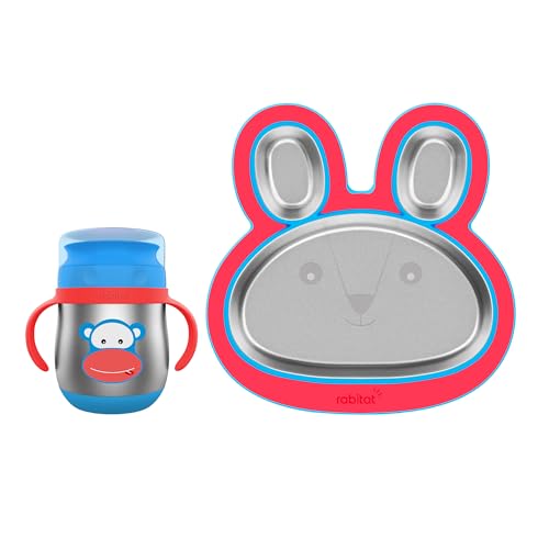 Image of rabitat Happy Tummy Combo Stainless Steel 360 Training Cup Cheek Monkey 390ml and Hoppy Playte Red 430ml 3-Sectional Plate for Toddlers & Kids |2 Year Brand Warranty