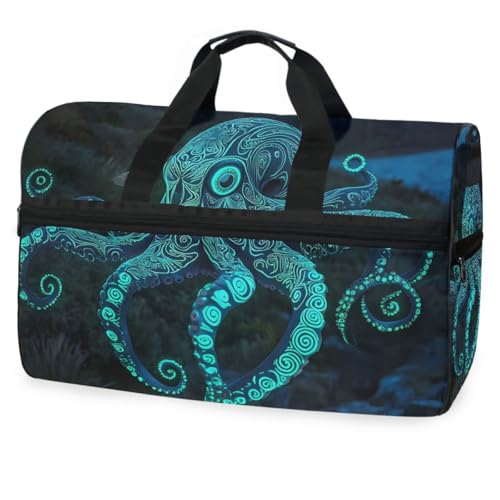 Blue Watercolor Octopus Travel Duffel Bag Luggage Sports Gym Bag With Shoes Compartment Large Capacity Lightweight Duffle Bag For Men Women