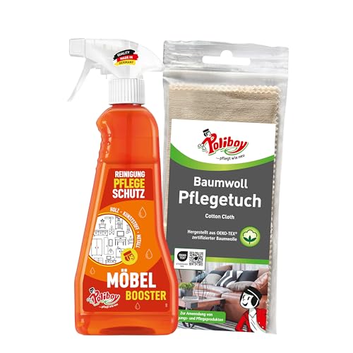 POLIBOY Möbel Booster - Reinigendes Möbelpflegemittel - Entfernt als Möbelreiniger Schmutz und frischt auf - 1x 375 ml - Mit Baumwolltuch - Made in Germany
