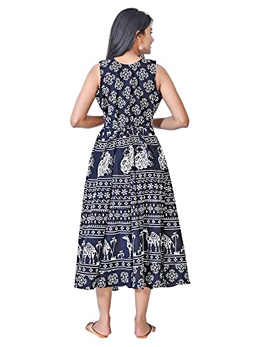 Image of Women's Cotton Printed Traditional Long Midi Maxi Kurti /One Piece Dress (Black Camel, Free Size)