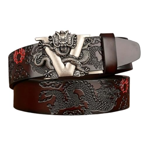 Ratchet Embossed Cowhide Belt with V-Dragon Slide Automatic Silver Buckle,Engraved Dragon Pattern Western Waist Strap