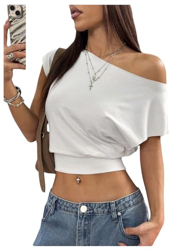 RoseSeek Women's Off The Shoulder Tops Cap Sleeve Tight Hem Cropped T Shirts Y2K Summer Clothes White Petite-M