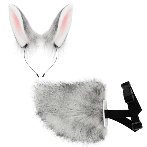 SMILETERNITY Handmade Faux Fur Bunny Tail and Ears Headband for Easter Halloween Party Coustume Accessories Set