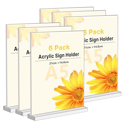 Lanswood A5 Acrylic Sign Holder with Base 6 Pack Double Side Clear Menu Holder T-Shaped A5 Leaflet Holder Display Stand for Table Office School Home Restaurant Fairs(14.8*21cm)