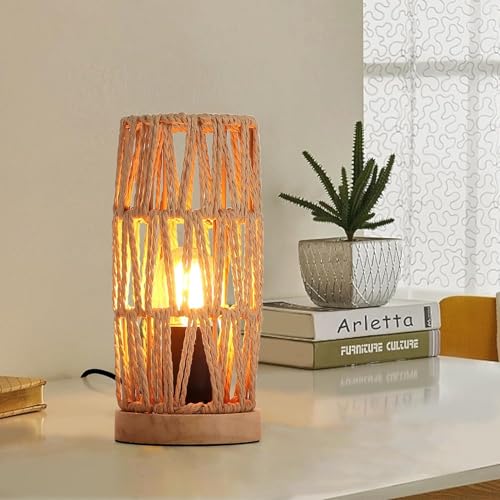 Alpinaluz Lámpara de Mesa de Papel Trenzado con Base de Madera – Diseño Boho Vintage Hecho a Mano – Casquillo E27 – Luz Decorativa para Dormitorio, Salón o Mesita de Noche