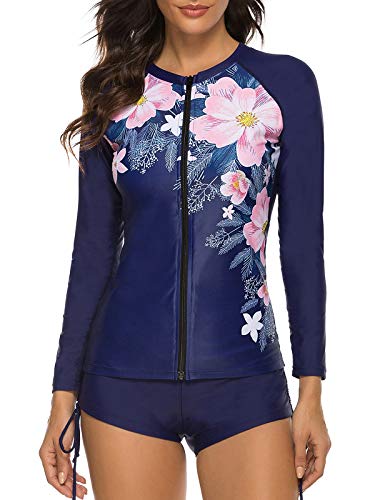 Zando Womens Two Piece Swimsuits Long Sleeve Rashguard Shirt Athletic Tankini Set Bathing Suit Navy / Pink 4-6