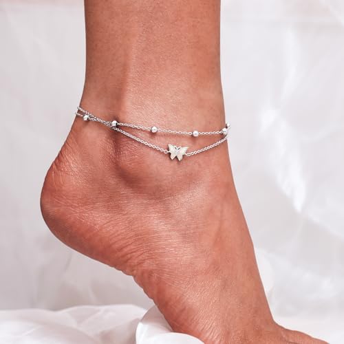 CHIC & ARTSY Womens Anklet 925 Sterling Silver Created Opal Layered Anklet Bracelet Dainty Beaded Chain Anklet Adjustable 11" Best Friend Anklet for Women - Image 3
