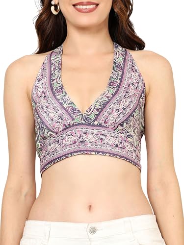 Image of KE KANHA EXPORTS Halter Neck Wrap Top|top for Women|Backless Tops for Women|Halter Neck Tops|Adjustable wrap Waist|Boho Beach Border Print|Easily fits S-M|Bust30-36Inch|LengthUpTo 18Inch