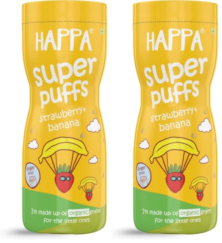 Image of Happa Organic Multigrain Strawberry & Banana Melts Super Puffs (Healthy Organic Snack for Little One, 8 Months+) Pack of 2