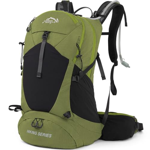 IX INOXTO Mochila de caminhada, à prova d'água, 26L/40L, para caminhada, com 3 litros, bolsa de água e capa de chuva, mochila leve para acampamento de viagem para homens e mulheres (verde escuro)