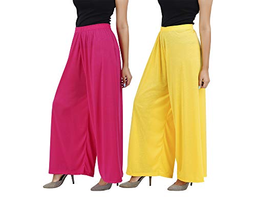 Image of Buy That Trendz M to 4XL Cotton Viscose Loose Fit Flared Wide Leg Palazzo Pants for Women Rani Pink Yellow Combo Pack of 2