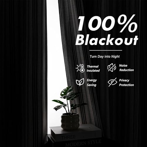 Image of MYSKY HOME Striped Curtains 100% Blackout 96 Inches Long Black Stripe Farmhouse Rustic Linen Blended Double Layer Curtains for Bedroom Living Room Patterned Drapes, Grommet, 2 Panels, 52 inch Wide