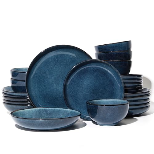 Image of Pokini 24 Piece Double Bowl Dinnerware Sets with Pasta Bowls, Highly Chip and Crack Resistant Plates and Bowls Sets, Natural Earthyware Ceramic Dishware Sets, Service for 6 Starry Blue