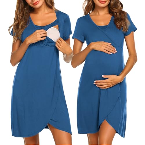 Image of Ekouaer Nursing Nightgown 3 In 1 Maternity Nightgown Short Sleeve Nursing Gown Breasfeeding Sleepwear Delivery Dress
