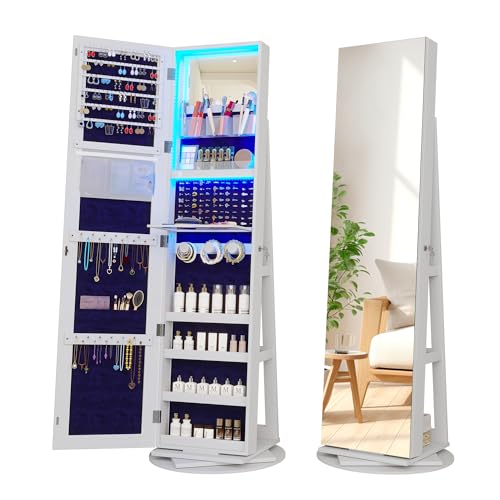 LVSOMT Espejo joyero de pie giro de 360°, LED Armario joyero con espejo cuerpo entero, Espejo armario joyero con cerradura, Armario para Joyas con Espejo de maquillaje para dormitorio, Blanco + Azul