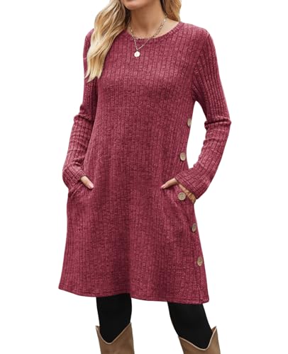 Image of OFEEFAN Long Sleeve Dress for Women Crew Neck Fall and Winter Tunic Dress with Pockets