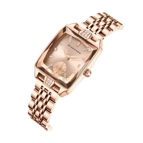 Image of Giordano Analog Watch for Women - Rectangular Dial, Crystal Hour Markers and Rose Gold Stainless Steel Strap
