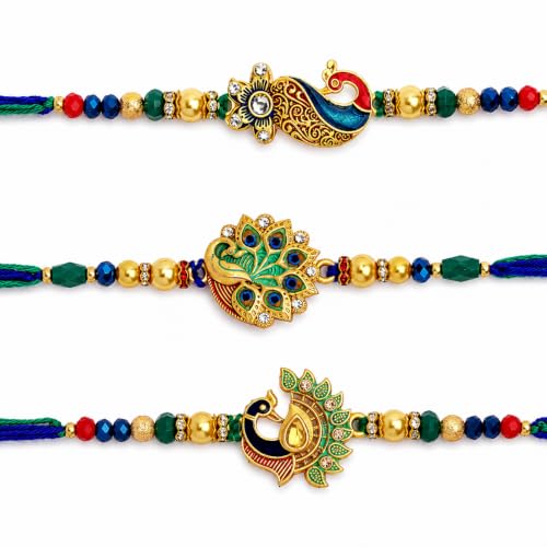 Image of Set of 3 Ganesha & Rudraksha Rakhi for Brother Rakhee for Brothers | Raksha Bandhan Om Rakhi for Brother Rakhi Set with Greeting Card & Roli