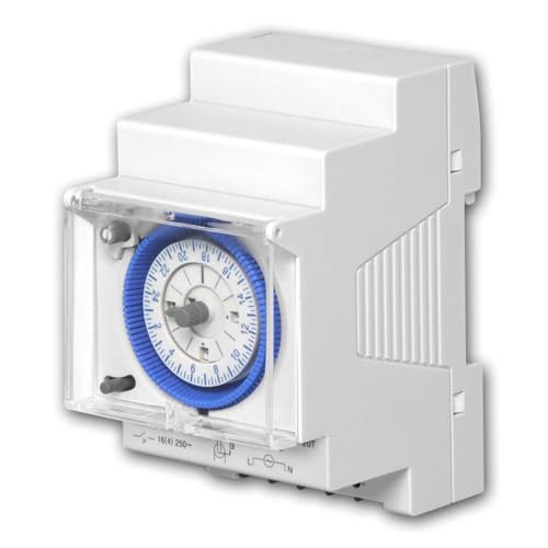 Minuterie mécanique, Rail DIN, analogique | Programmation journalière 24 Heures | Intervalles de Commutation de 15 Minutes | 16 A | 1000 W | avec réserve de Marche