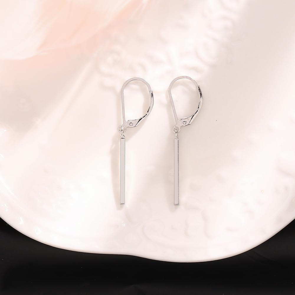 Silver bar dangle drop earrings for women,14K white gold plated dangle drop earrings for women hypoallergenic jewelry gifts - Image 3