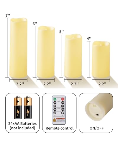 Image of Raycare 12pcs Large Waterproof Outdoor Flameless Candle, Battery Operated LED Candles with Remote Control and Timer, Flickering Electric Fake Plastic Pillar Candles, Ivory, D 2.2 inch x H 4 inch 5 inch 6 inch 7 inch