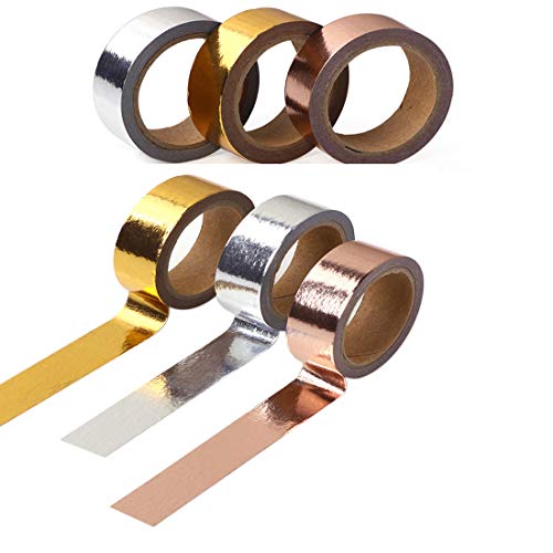 SonneSky Washi Tape, 6 Rouleaux Washi Masking Tape Adhésif Ruban de masquage décoratif Glitter métallisée DIY Scrapbooking Bullet Journal Planning Cadeaux Décoration,Doré+Rose Gold+Argenté