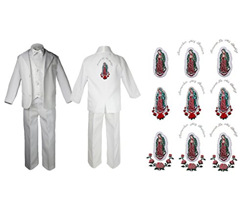 Baby Boy Christening Baptism First Communion Formal White Paisley Suit Silver Guadalupe Maria on Back SM-20