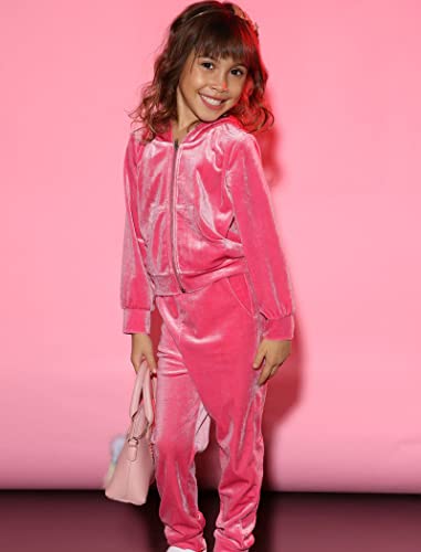 Image of Arshiner 2 Piece Outfits for Girls Kids Velour Tracksuit and Jogger Set | Size 5-14Y, Velvet Sweatsuit with Zipper for Fall /Winter, Suit for School, Workout, Jogging, or Casual Occasions