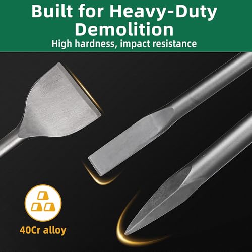 Image of 24-inch SDS Max 3pc Set - 3'' Scaling Chisels, 1'' Flat Chisel and Point Chisel - Masonry Concrete Drill Bit Set 40Cr Steel SDS Max Bits Rotary Hammer Drill for Tiles Brick Stone Concrete