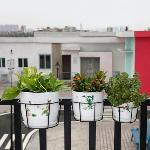Image of Anti Rust Metal Hanging Planters for Balcony | Round Flowerpot Holder | Railing Planters, Fence Garden Flowerpot, Gamla, Flower Pots for Home and Garden (Black - Pack of 8)