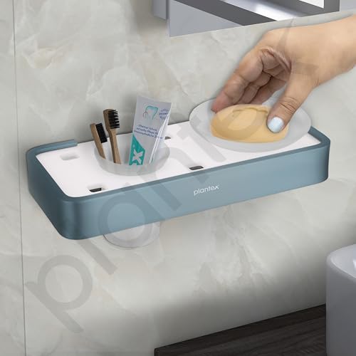 Image of Plantex Aluminium and Acrylic Soap Holder with Tumbler Holder /Soap Dish with Toothbrush Holder for Bathroom - (Grey and Milky White)