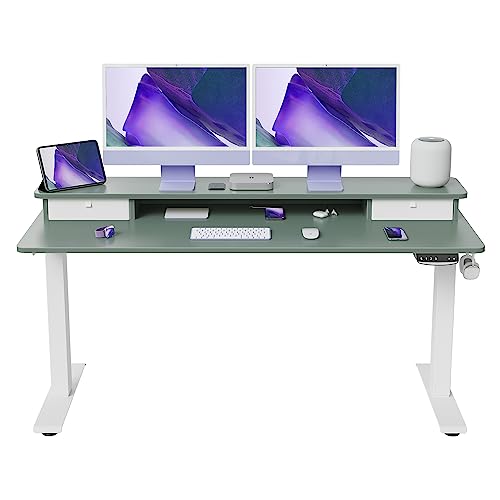 Image of FEZIBO 60 x 24 Inch Height Adjustable Electric Standing Desk with Double Drawer, Stand Up Desk with Storage Shelf, Sit Stand Desk, Green