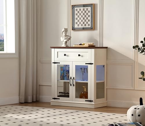FOREST GRAVITY 31.5'' Modern Small Buffet Cabinet with Storage,Buffet Sideboard with Two Glass Doors and a Drawer,Small Coffee bar Cabinet with Adjustable Shelf,for Kitchen,Antique White