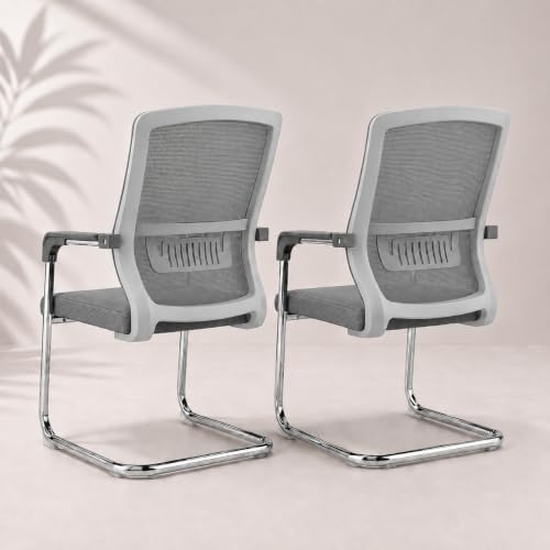 Image of OfficeFlow | Visitor Chair with arm Rest for Home Office Study Reception School College use with Chrome Finished Metal Frame | Cushioned seat, Chair Without Wheels (2, Grey)