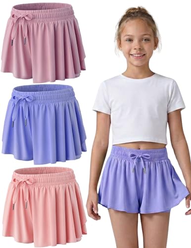 Image of 1 or 3 Pack Girls Flowy Shorts with Spandex Liner & Pocket, 2-in-1 Athletic Butterfly Shorts for Running Dance