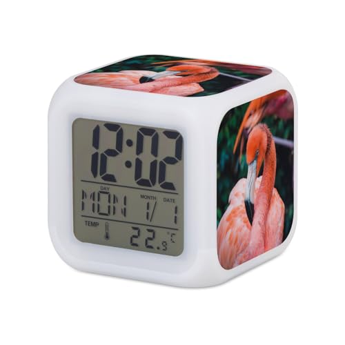 Fabulous Wecker Würfel, beleuchtet, Weiß – Nahaufnahme Flamingo Rosa Vogel Wildleben – 7,8 x 7,8 x 7,8 cm – Retro Beleuchtung Mehrfarbig LED