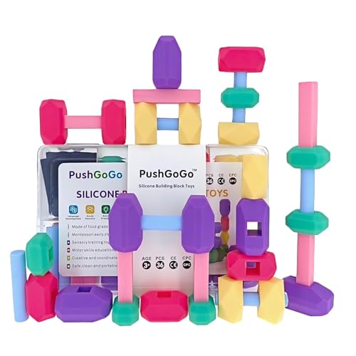 PushGoGo Kids Silicone Building Blocks, Age3+, 36PCS, Puzzle Senses, Stimulate Creativity, Imagination, Montessori Stacking Rocks Toys
