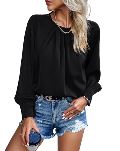 Atxnn Blusas Mujer Elegantes Camisas de Gasa Tops con Cuello Redondo Plisado Delantero Camisetas de Trabajo de Manga Larga, Negro Grande