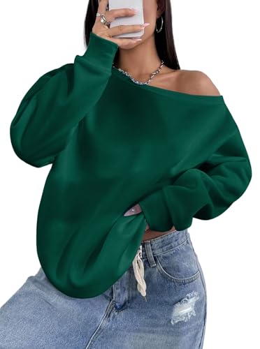 Hilinker Women's Off Shoulder Sweatshirt Oversized Pullover Cute Long Sleeve Tops Green Large
