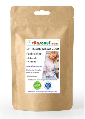 CHITOSAN MEGA 2000 + L-Leucin + Chrom - 1000 Tabletten, Neue verbesserte Rezeptur, Hochdosiert, Ohne Magnesiumstearat, Unterstützt normalen Fettstoffwechsel und Blutzuckerspiegel