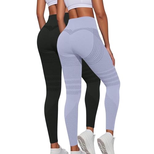 2 leggings anticelulitis 3D para mujer, cintura alta, elásticos, pantalones de deporte, largos, opacos, de compresión, push-up, pantalones de fitness para gimnasio, deporte, yoga, Negro+morado claro
