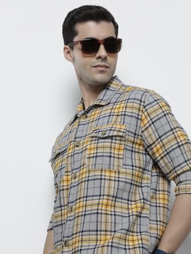 Image of The Indian Garage Co Men Regular Fit Checkered Full Sleeves Spread Collar Double Flap Pocket Casual Over Shirt