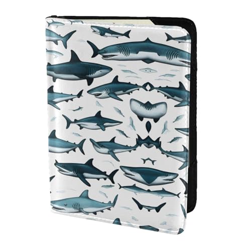 Custodia per passaporto da viaggio con motivo squalo con vari gesti stampati custodia per per famiglia pelle per uomini e donne nero Taglia unica