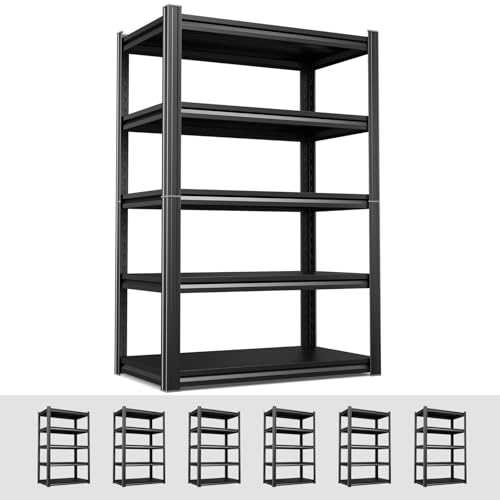 Image of 6 Pack Heavy Duty 5-Tier Garage Shelving Unit (2500 LBS Capacity)-71.2 inchH x 35 inchW x 16 inchD Adjustable Metal Storage Rack, Industrial Steel Utility Shelves for Garage, Pantry, Warehouse, and Basement Black