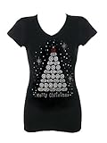Women's Christmas Rhinestone Bling V-Neck Long or Short Sleeve T-Shirt