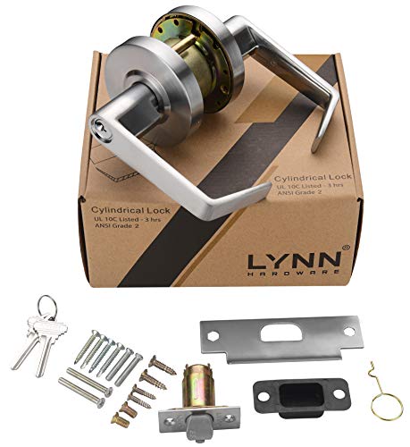 Lynn Hardware Commercial Door Lever Lock - Heavy-Duty Locking Door Handle, Designer Door Handles, Cylindrical Lever Lock, Non-Handed Grade 2 Door Handle, Satin Chrome, Entrance/Keylock #TOP6