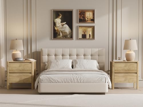 Image of MAISONARIA Oak Nightstands Set of 2, Mid Century Modern Bedside Table with Hidden Handles and Wood Legs, Wooden End Table with 2 Drawers for Bedroom