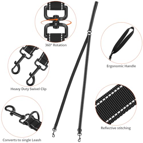 QWORK® Doppelleine, Anti-Zieh Hundeleine, 360° Drehung Reflektierend Trainingsleine, für Mittelgroße bis Große Hunde (Schwarz)